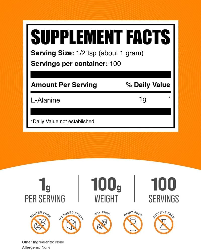 Bulksupplements.Com L-Alanine Powder - Amino Acid Supplement, Alanine Supplement - Unflavored & Gluten Free, 1G per Serving, 100G (3.5 Oz) (Pack of 1)