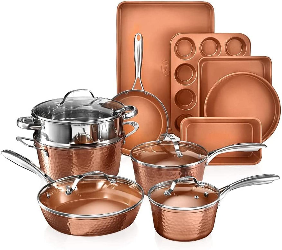 Gotham Steel Hammered 15 Pc Ceramic Pots and Pans Set Non Stick Cookware Set, Kitchen Cookware Sets, Ceramic Cookware Set with Non Toxic Cookware, Copper Pot and Pan Set, Oven & Dishwasher Safe