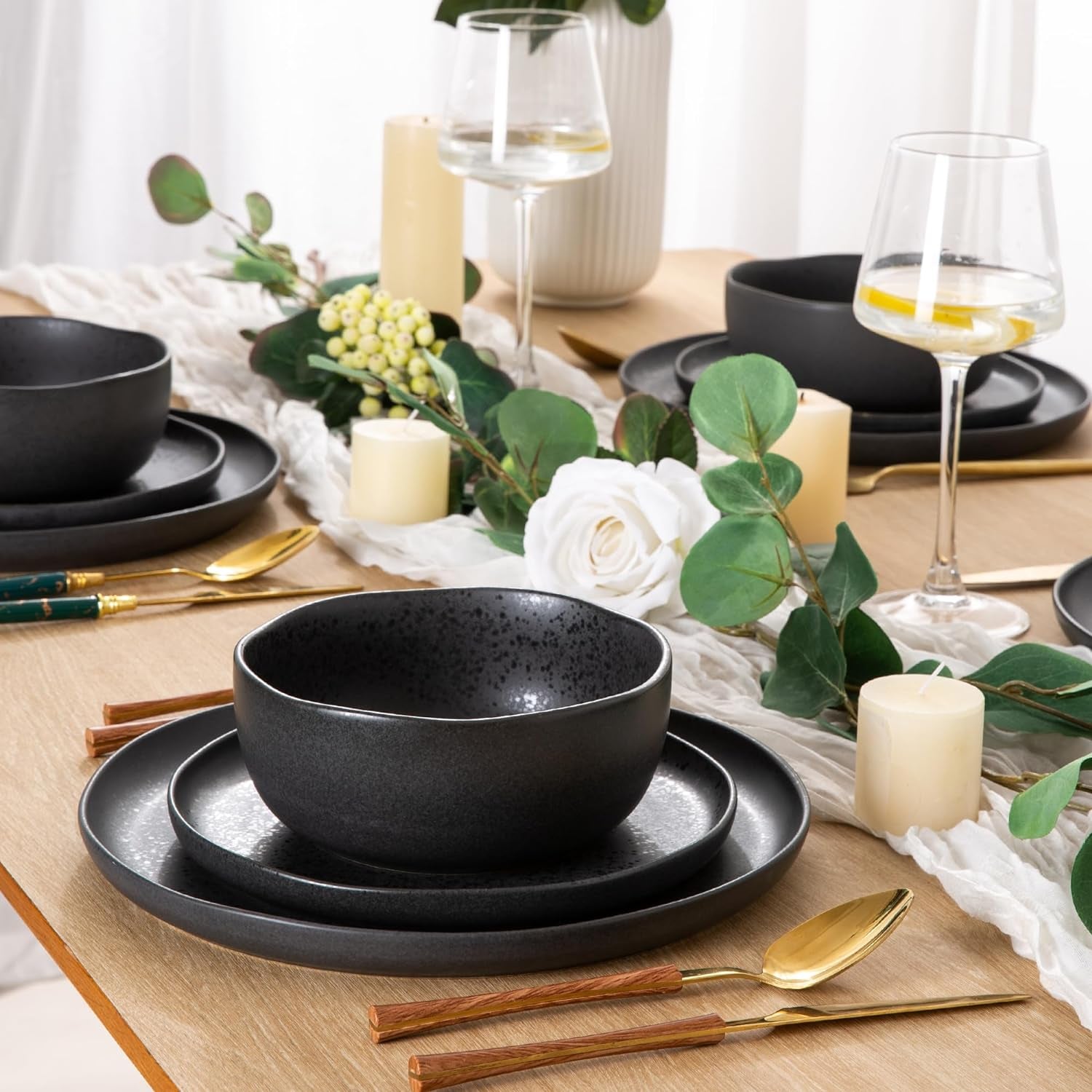 (12Pc) Amorarc Ceramic Dinnerware Sets, Wavy Rim Stoneware Plates and Bowls Sets