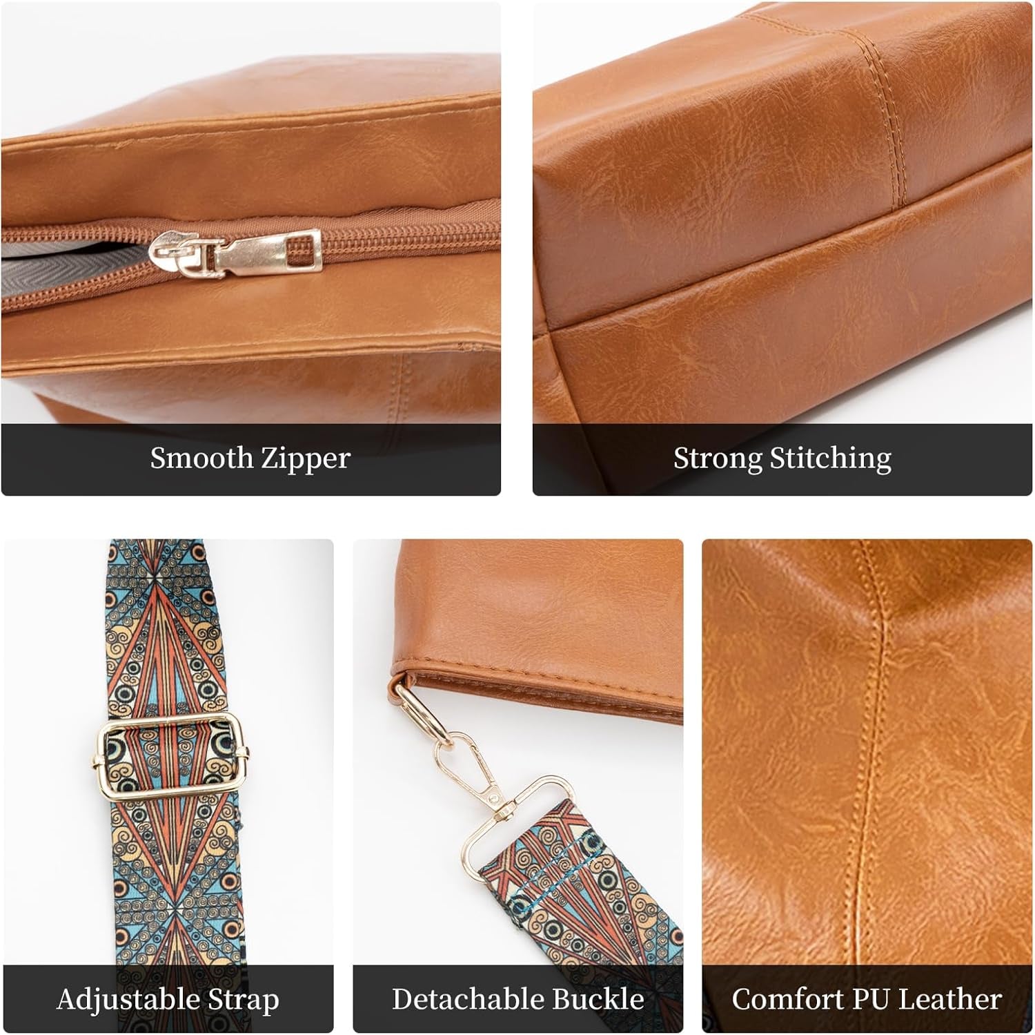 Hobo Bags for Women Crossbody Purse Vegan Leather Shoulder Handbag Guitar Strap Purses Boho Tote Work Bucket Bag