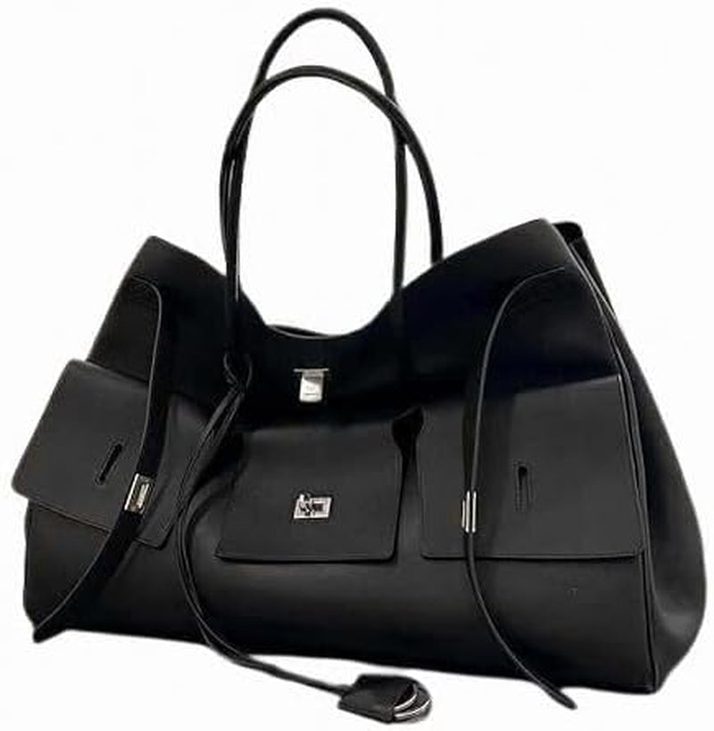 Women'S Tote Shoulder Bag, Wings Style, Large Capacity, Black with Gold or Silver Buckle, Lock Closure (Silver Buckle)