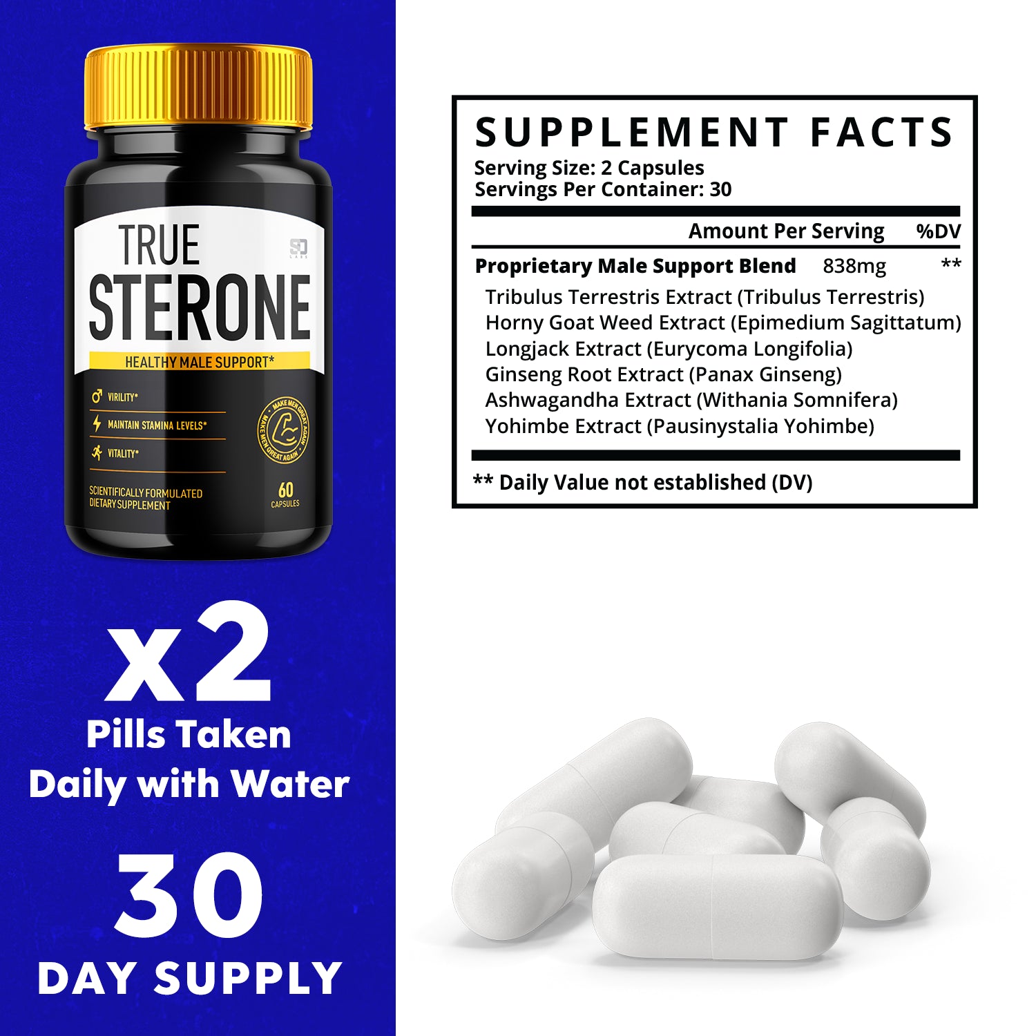 True Sterone Male Pills - Enhances Stamina and Supports Vitality (5 Pack)