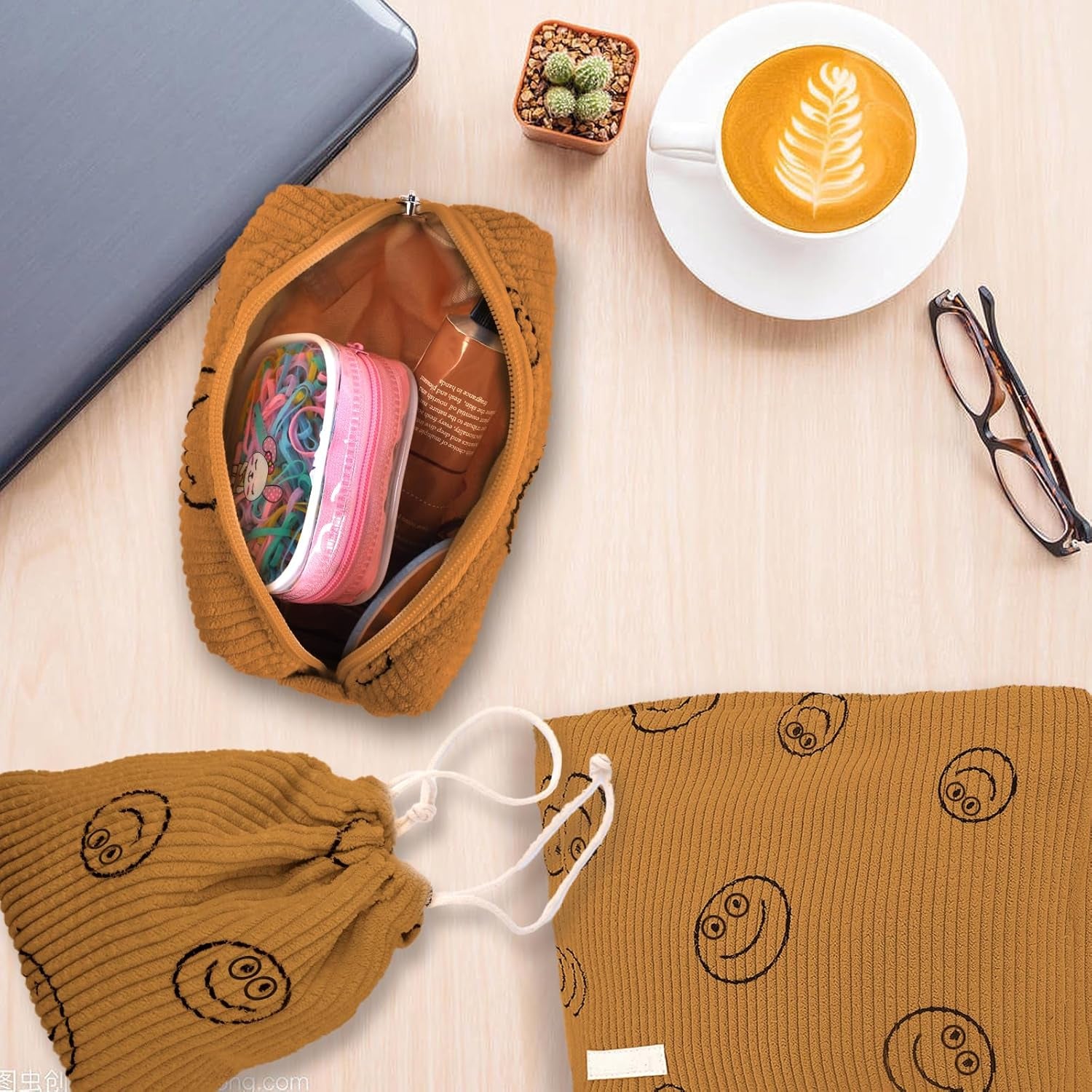 4 Pcs Corduroy Cosmetic Bag, Lovely Face Capacity Toiletry Bag, Aesthetic Preppy Makeup Bags, Corduroy Tote Bag, Small Drawstring Makeup Bag, Washable Toiletry Organizer Pouch