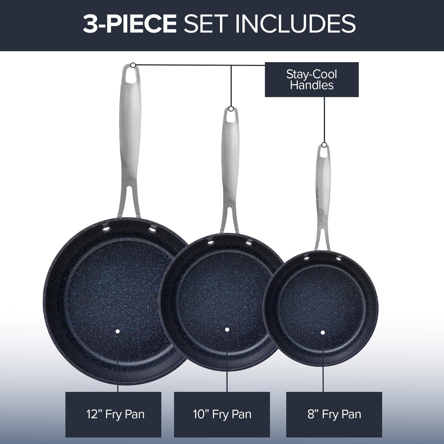 Nuwave 3-Piece Fry Pan Set, 8”, 10”, 12” Forged Lightweight, G10 Healthy Duralon Blue Ceramic Ultra Non-Stick, Induction-Ready & Works on All Cooktops, Ergonomic Stay-Cool Handles