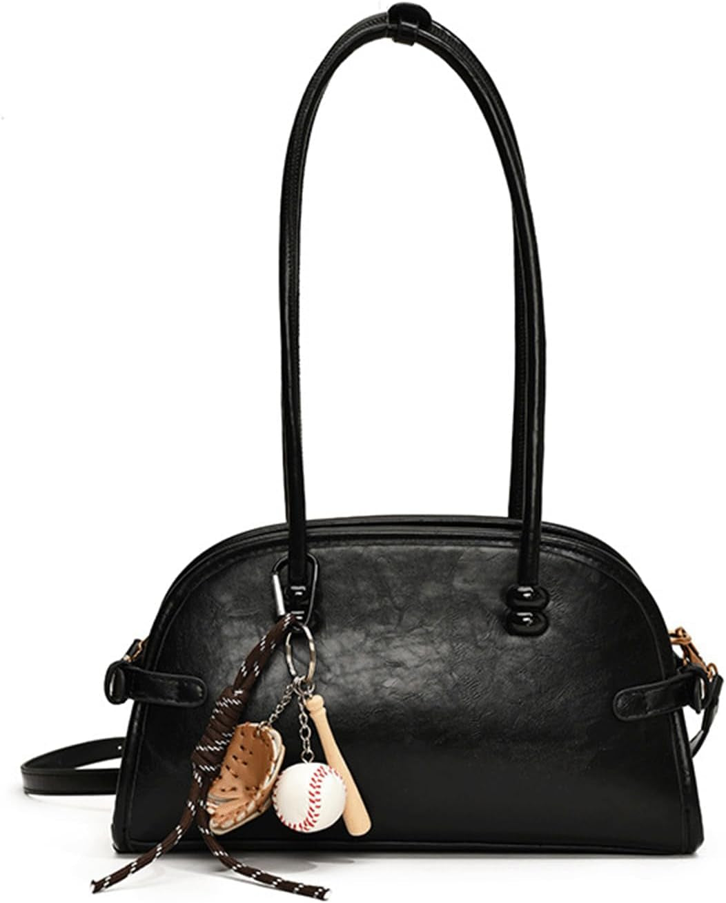 Bowling Bag Purse Retro PU Leather Bowler Bags with Charm Shoulder Handbag Vintage Elegant Purses for Women Girls