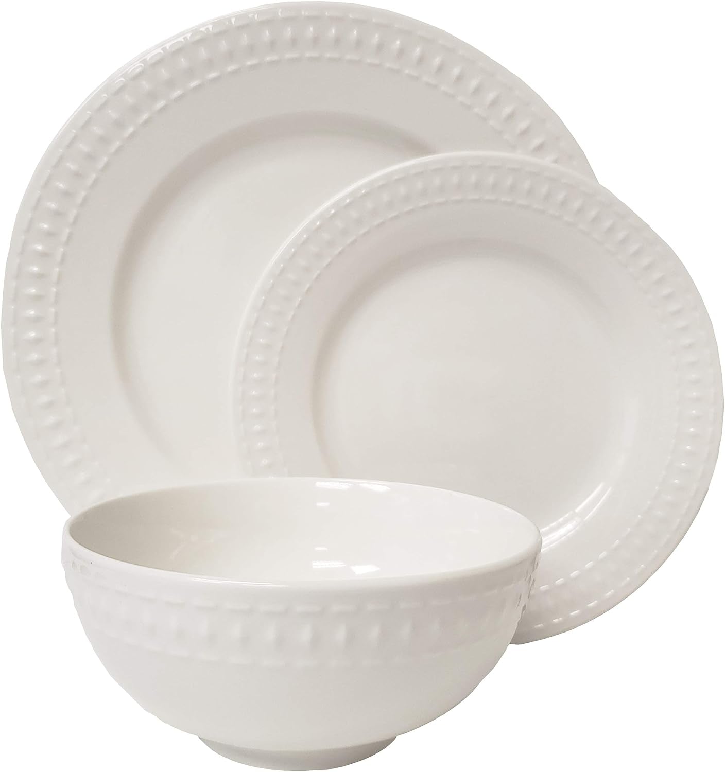 Tabletops Gallery 12 Piece Embossed White Porcelain round Dinnerware - Bloom Di