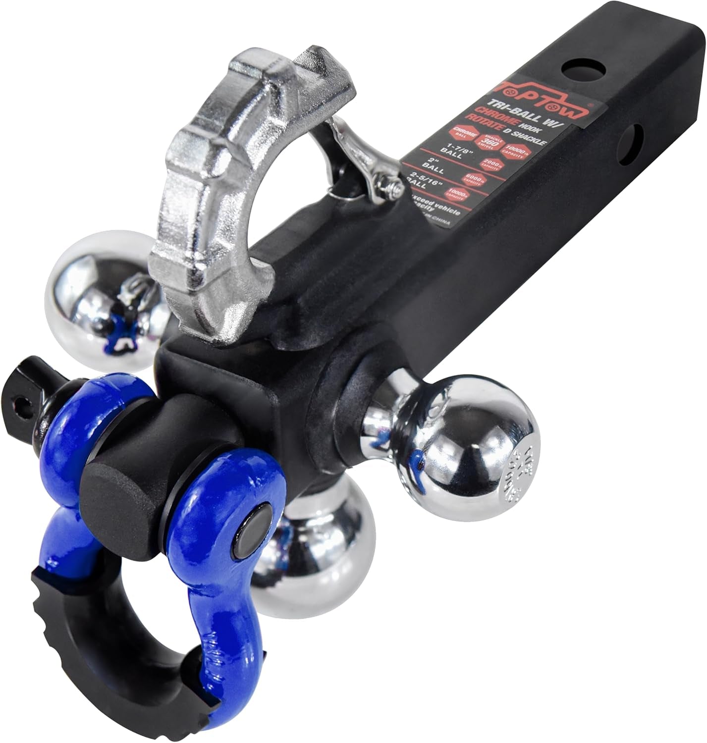 TOPTOW Trailer Hitch with Blue Recovery Shackle Ball Hitch Mount with Chrome Tri