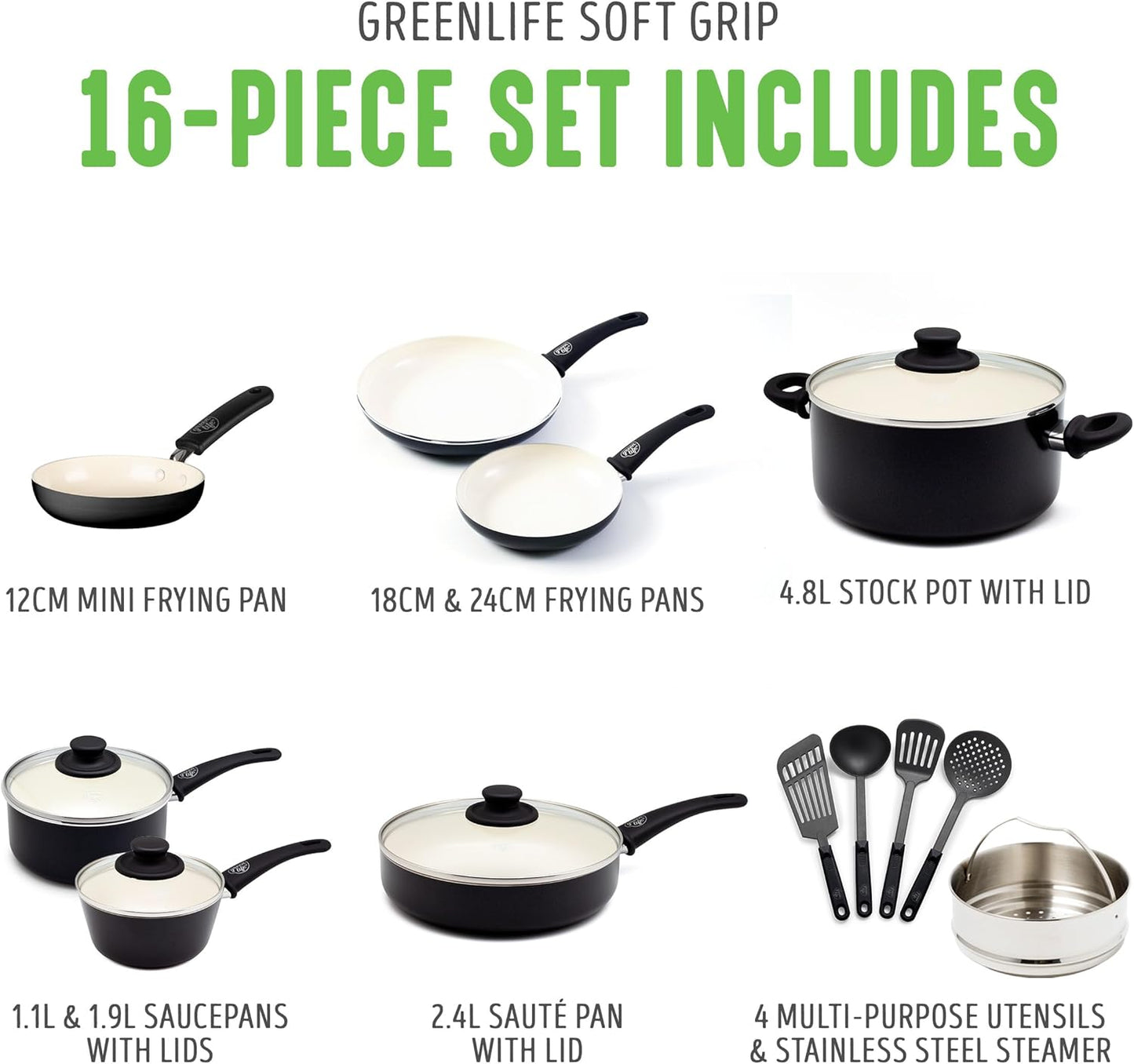 Greenlife Soft Grip Healthy Ceramic Nonstick 16 Piece Kitchen Cookware Pots and Frying Sauce Saute Pans Set, Pfas-Free with Kitchen Utensils and Lid, Dishwasher Safe, Black and Cream