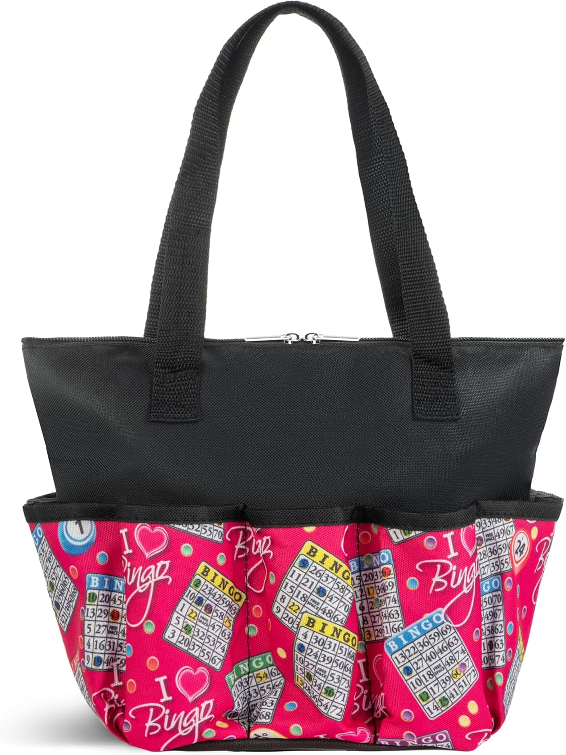 I Love Bingo Pink Tote Bag with 10 Pockets for Daubers, Markers & Accessories – Durable Bingo Bag with Zipper, Portable Bingo Gift for Women, Seniors & Players