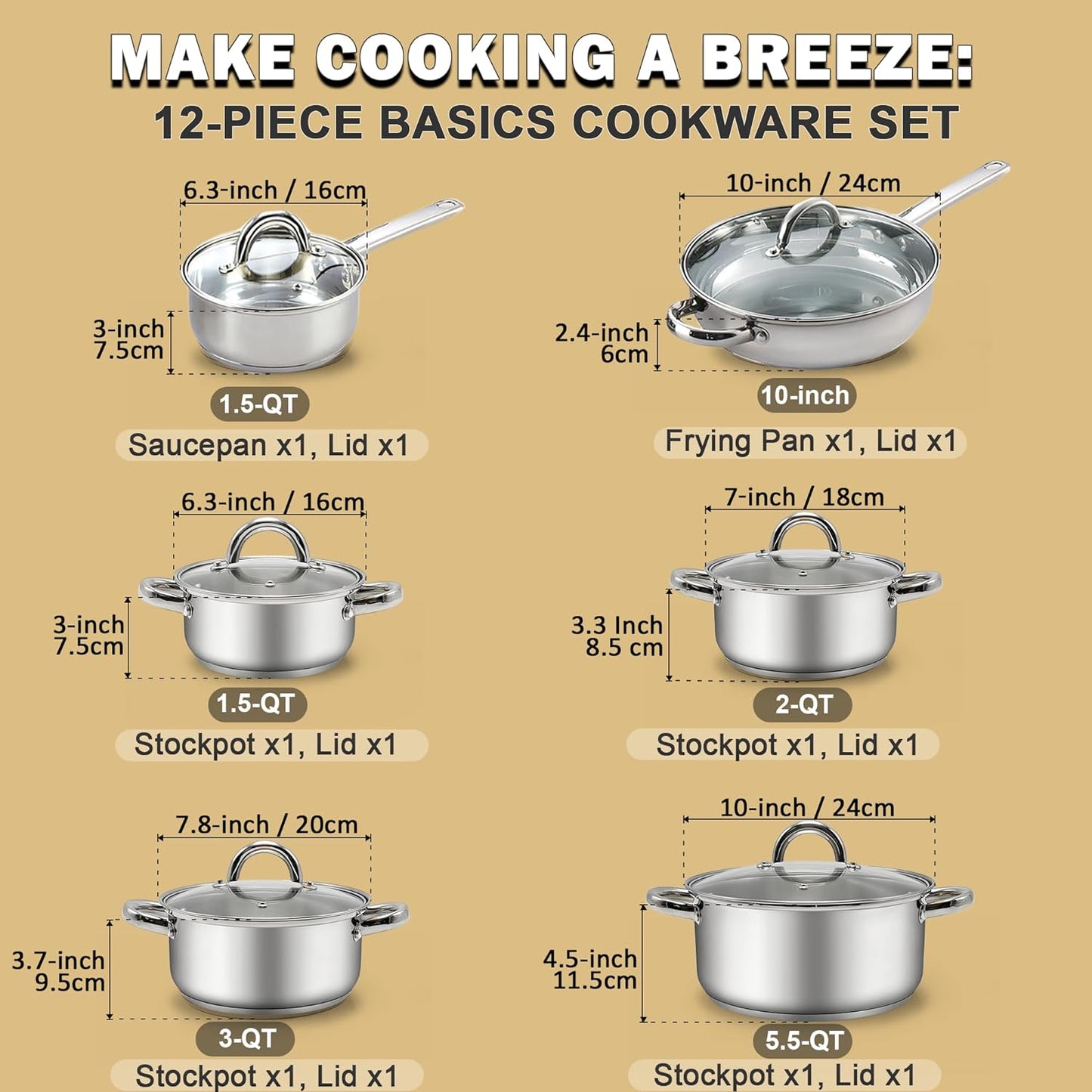 Cook N Home Kitchen Cookware Sets, 12-Piece Basic Stainless Steel Pots and Pans, Silver