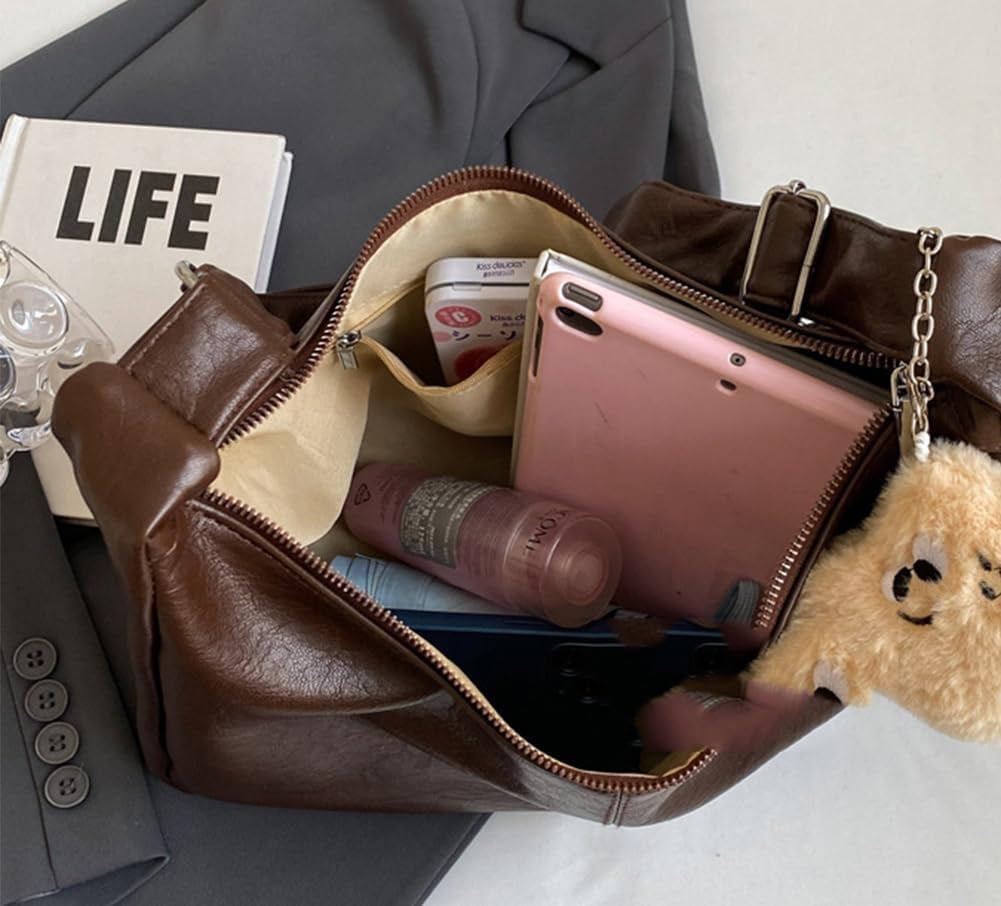 Slouchy PU Leather Hobo Bags Women Underarm Shoulder Bag Trendy Crescent Crossbody Purses College Travel Tote Handbag 2025