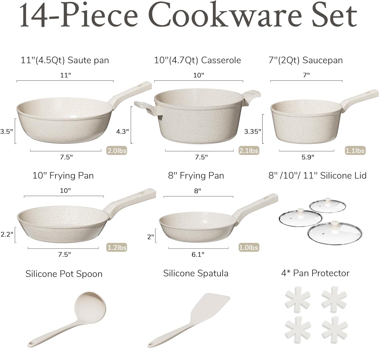 14Pcs Pots and Pans Set, Nonstick Cookware Sets, White Granite Induction Kitchen Cooking Set with Frying Pans & Saucepans