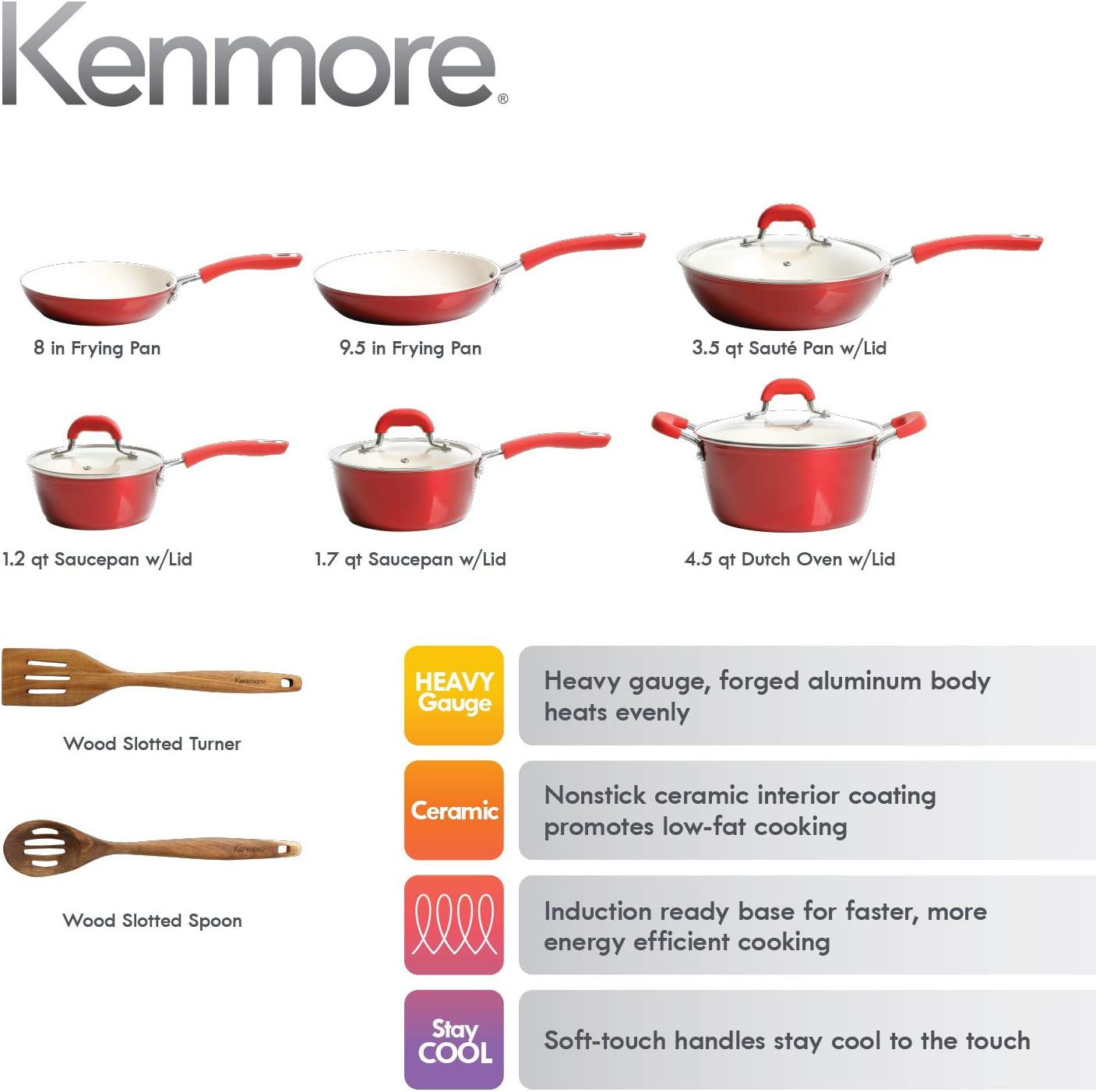 Kenmore Arlington Healthy Nonstick Ceramic Coated Forged Aluminum Induction Cookware, 12-Piece, Metallic Red