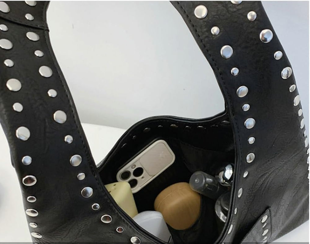 Y2K Crescent Hobo Bags Women 90S Trendy Studded Shoulder Satchels Crossbody Purse PU Leather Punk Underarm Tote Handbag