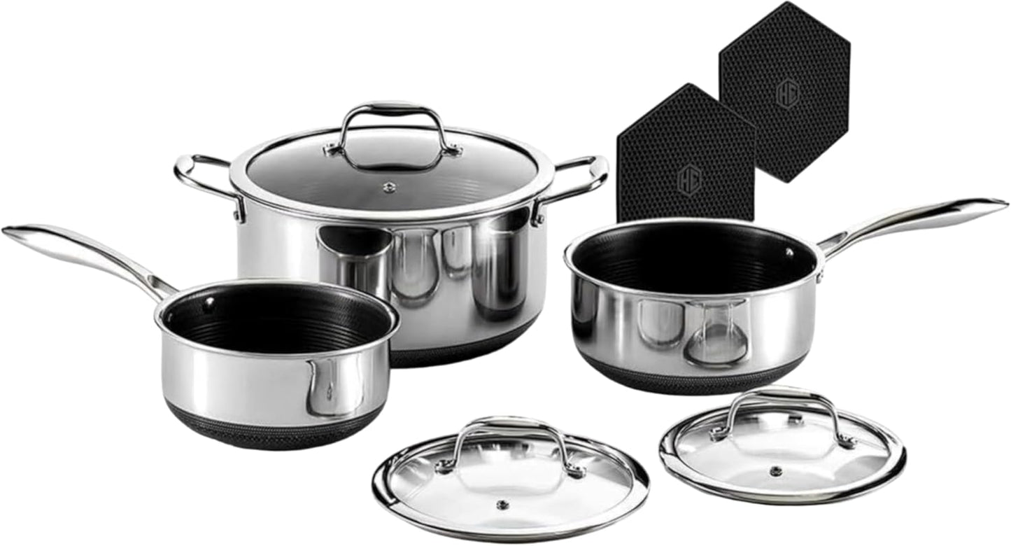 Hexclad Hybrid Nonstick 6-Piece Pot Set with Trivets, 2, 3, and 8-Quart Pots with Tempered Glass Lids, 2 Silicone Trivets Included, Dishwasher Safe, Compatible with All Cooktops