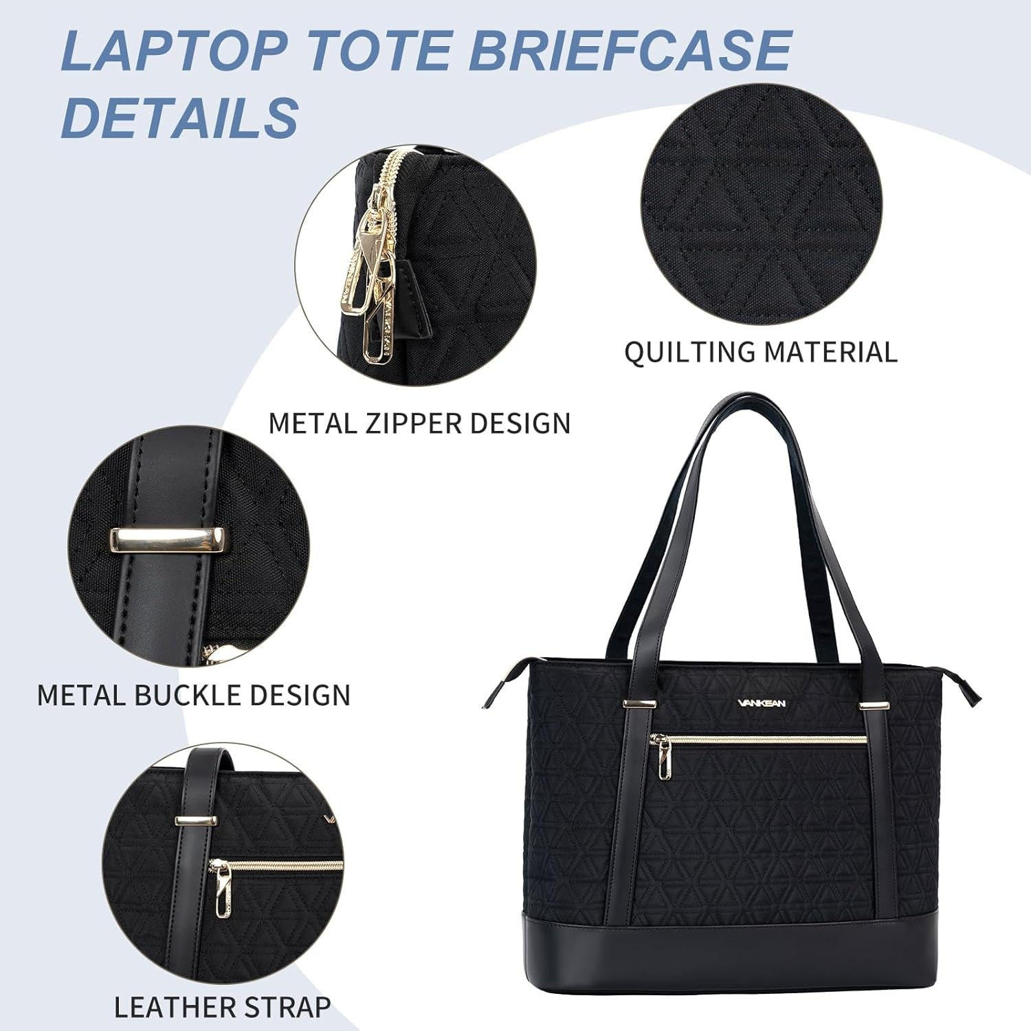 VANKEAN Laptop Bag for Women, 15.6 Inch Work Bag Waterproof Computer Shoulder Bag with USB Port, Large Tote Bag for Work Business Travel, Quilted Black