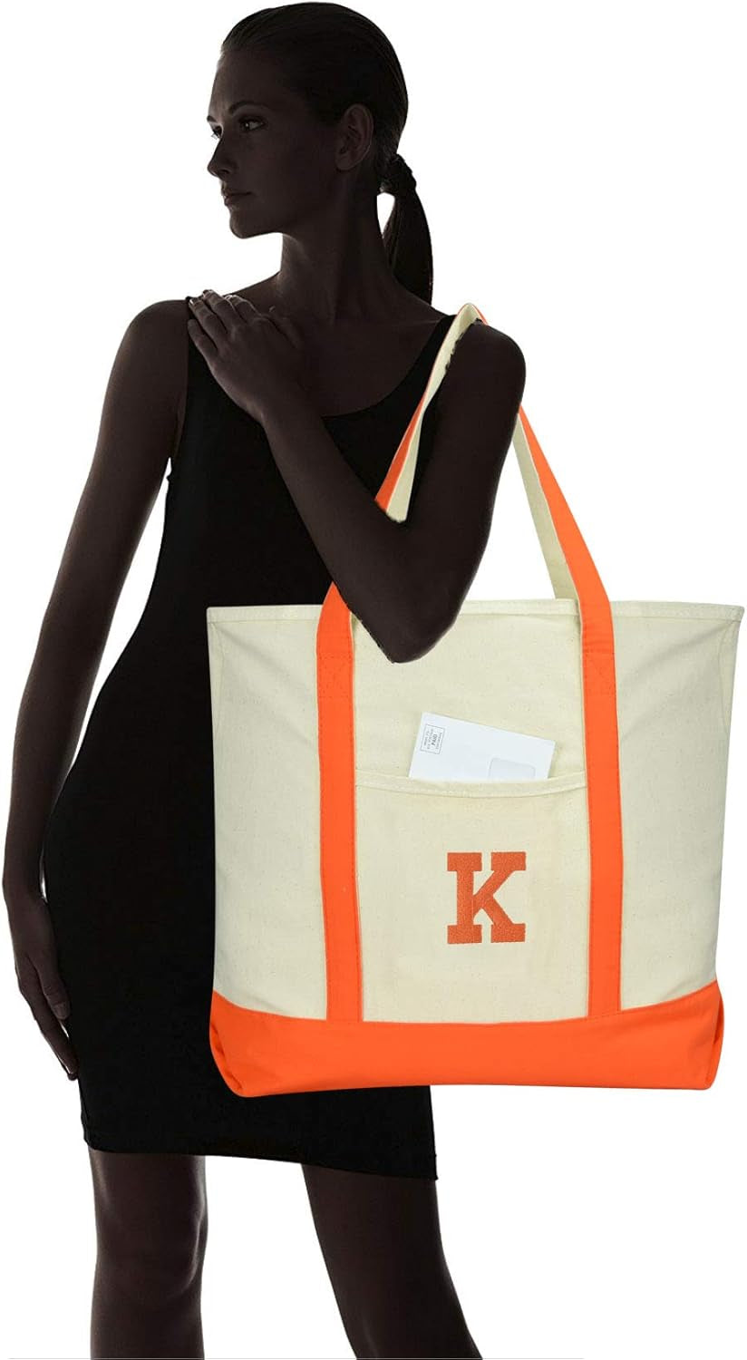 DALIX Initial Tote Bag Personalized Monogram Orange Zippered Top Letter - K