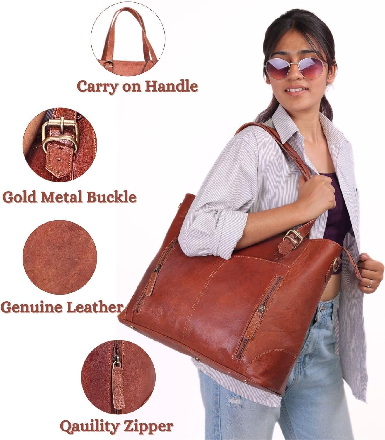 17-Inch Large Leather Tote Bag for Women Genuine Brown Leather Laptop Bag with Zipper Professional Briefcase, Computer Tote for Work, Business, Travel, & Daily Use