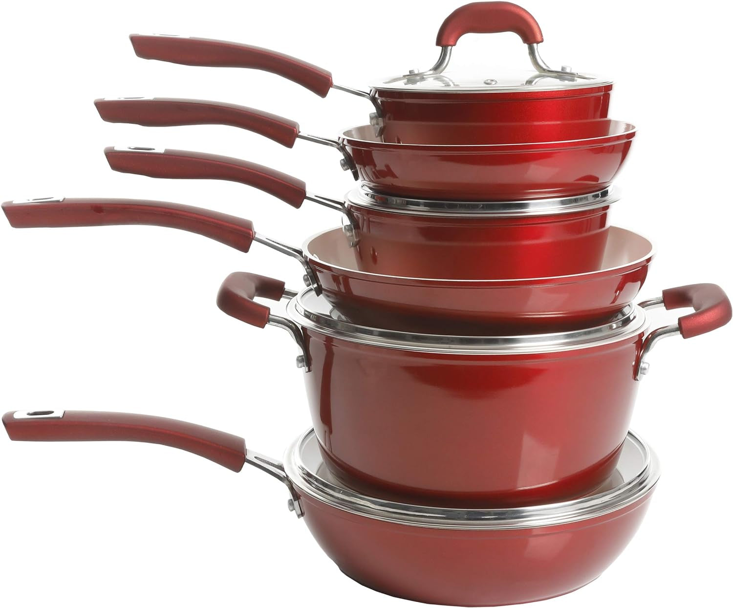 Kenmore Arlington Healthy Nonstick Ceramic Coated Forged Aluminum Induction Cookware, 12-Piece, Metallic Red