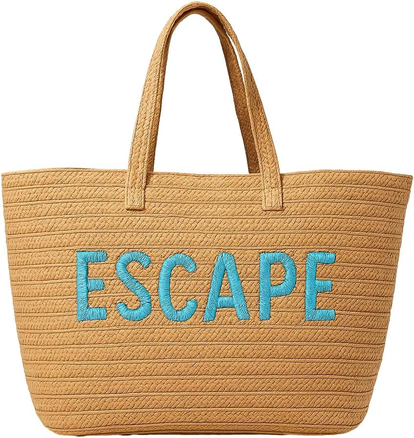 23" Over-Sized Straw Tote - ESCAPE Embroidered Double Handle Weekend Beach Bag