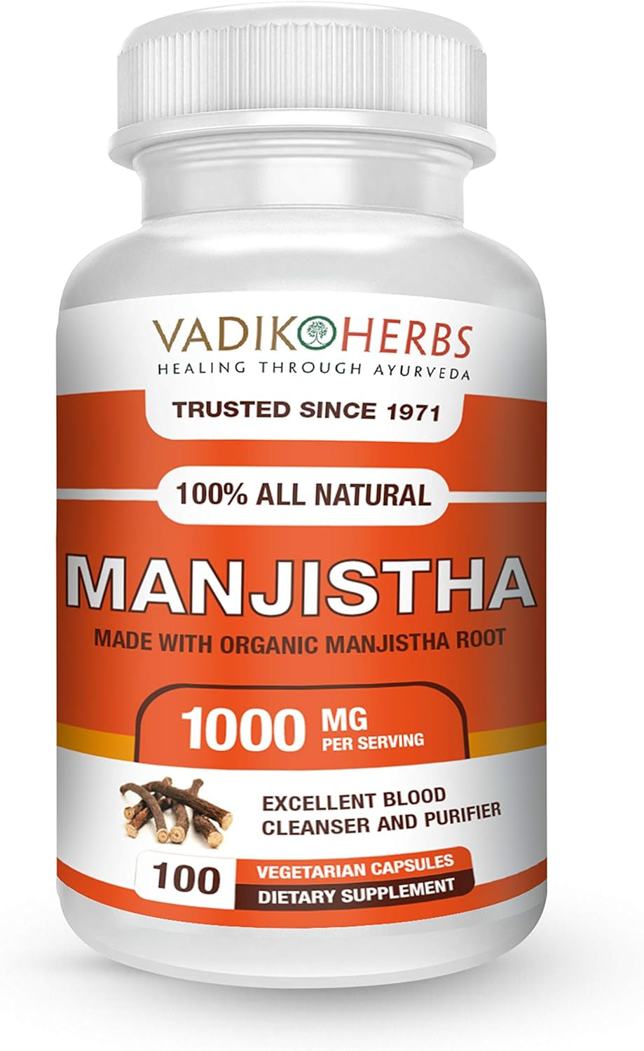 Vadik Herbs Pure Wild Harvested Manjistha (Rubia Cordifolia, Indian Madder) - 100 Vegicaps - Made in USA - Safety Tested - No GMO, Vegan