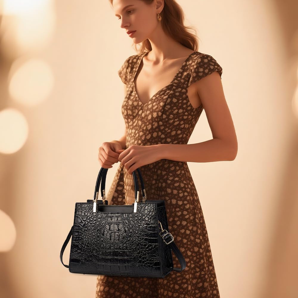 Women'S PU Leather Black Handbag - Crocodile Texture Tote Bag for Women with Top Handles and Adjustable Shoulder Strap, Stylish Satchel for Daily Use and Work