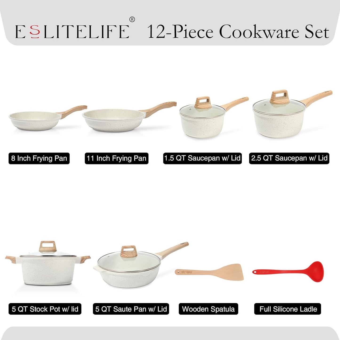 ESLITE LIFE Nonstick Cookware Sets, 12 Pcs Ceramic Coating Pots and Pans Set Kitchen Cooking Set, Compatible with All Stovetops (Gas, Electric & Induction), PFOA Free, Cream