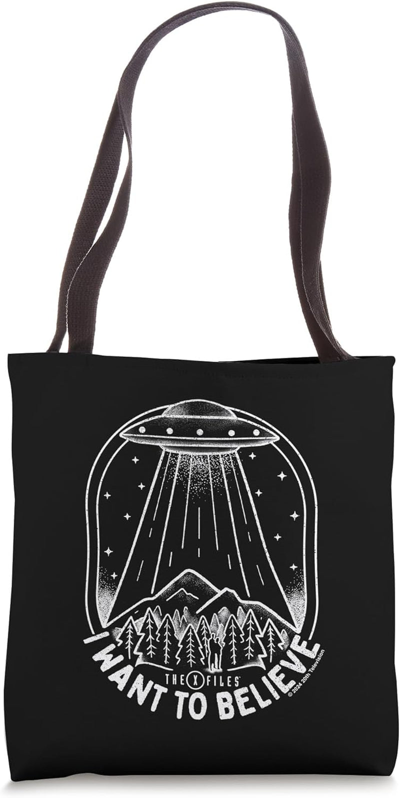 X-Files I Want to Believe UFO over the Woods Line Art Tote Bag