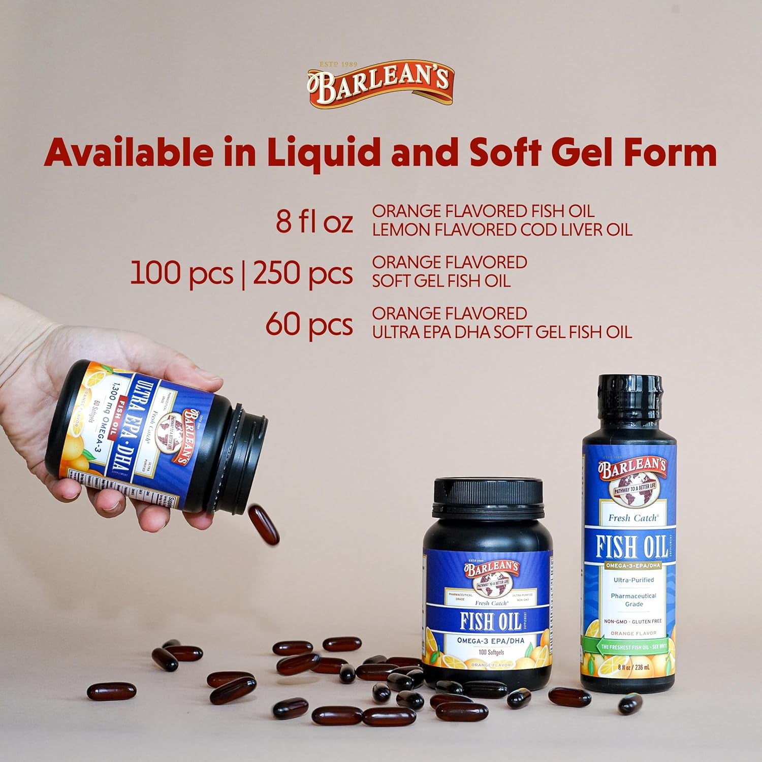 Barlean'S Omega 3 Fish Oil Supplements, Supplement Softgels for Men and Women, 1300 Mg Ultra EPA and DHA Fatty Acids, Orange Flavored, 60 Count