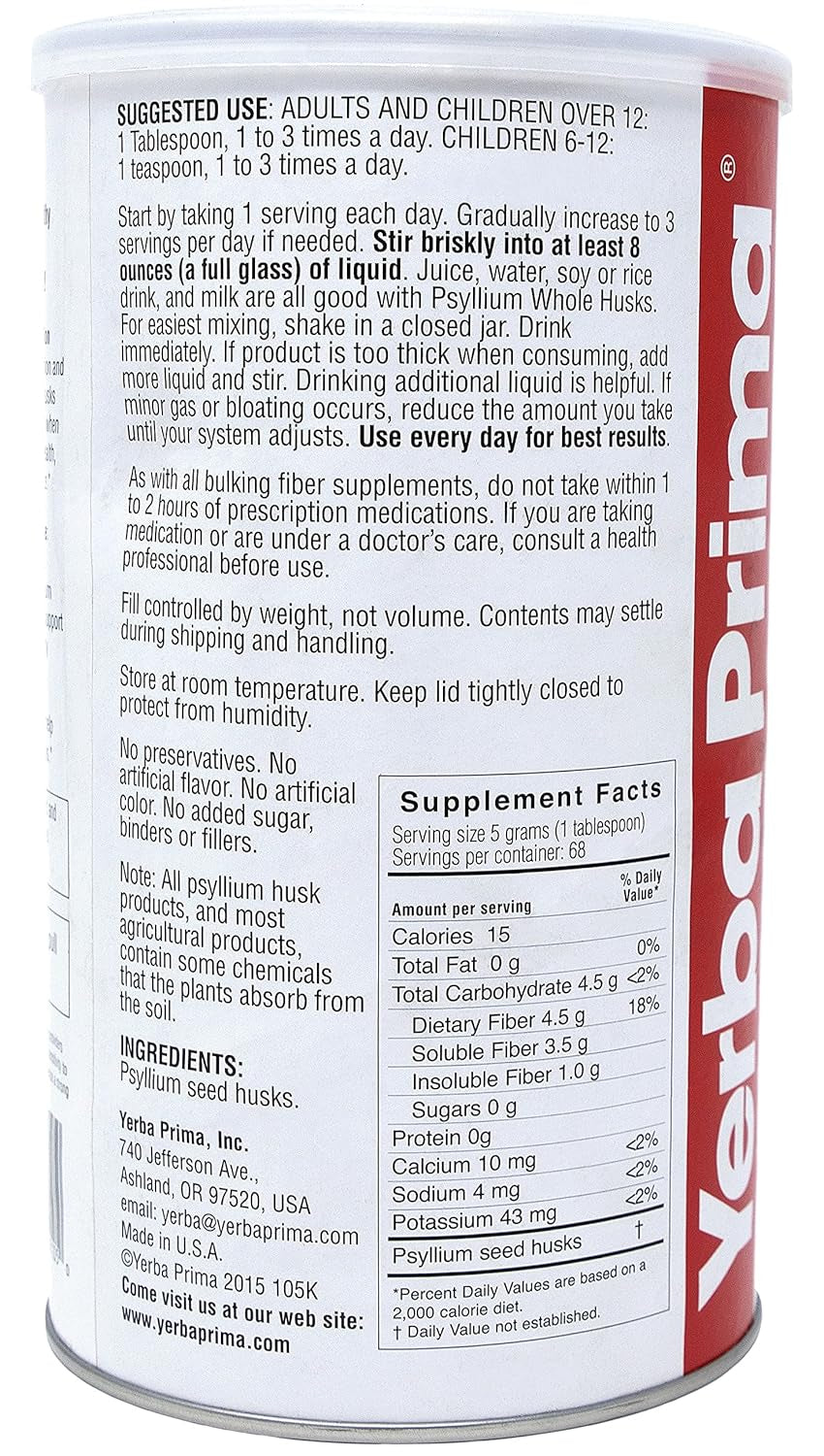 Yerba Prima Psyllium Husk, 12 Ounce - Whole Husk Fiber Supplement, Vegan, No Sugar or Artificial Sweeteners, Non GMO, Gluten Free