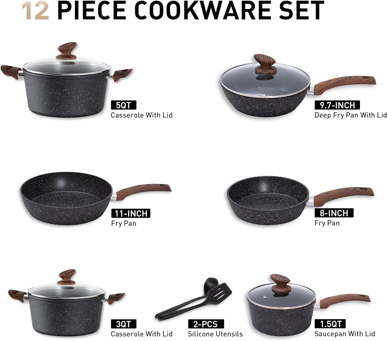 MAISON ARTS Kitchen Cookware Sets Nonstick, 12 Piece Pots and Pans Set Granite Cooking Set for Induction & Dishwasher Safe, Oven, Stovetop, Black