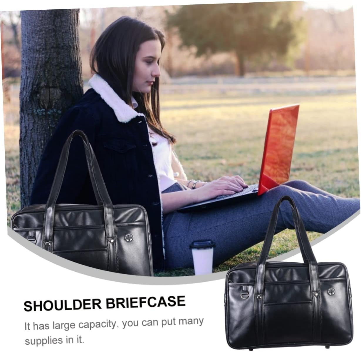 Shoulder PU Commuter Bag Japanese Uniform Briefcase for Men Women Durable Portable Tote with Non Slip Foot Nails and Strong Strap Handle Clean Aesthetic Design