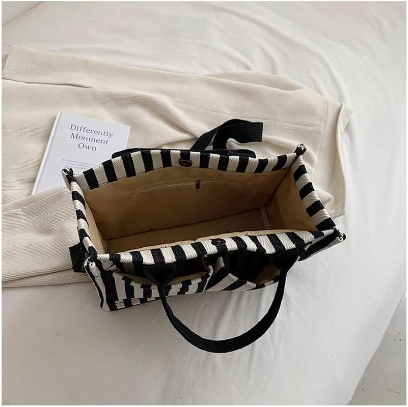 Canvas Tote Bag with Multi Pockets Women Stripe Crossbody Tote Bag Casual Purse Handbag Shoulder Bag for Work College Travel