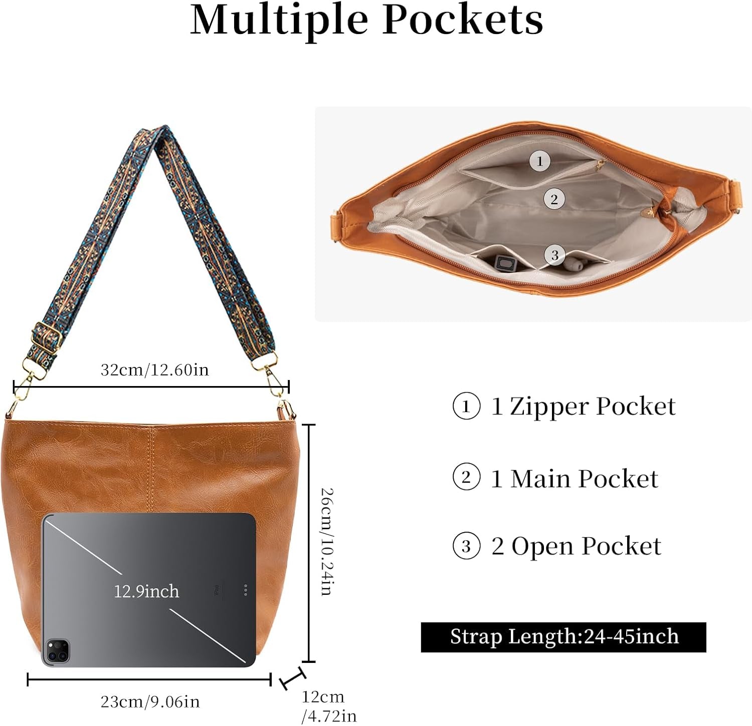 Hobo Bags for Women Crossbody Purse Vegan Leather Shoulder Handbag Guitar Strap Purses Boho Tote Work Bucket Bag
