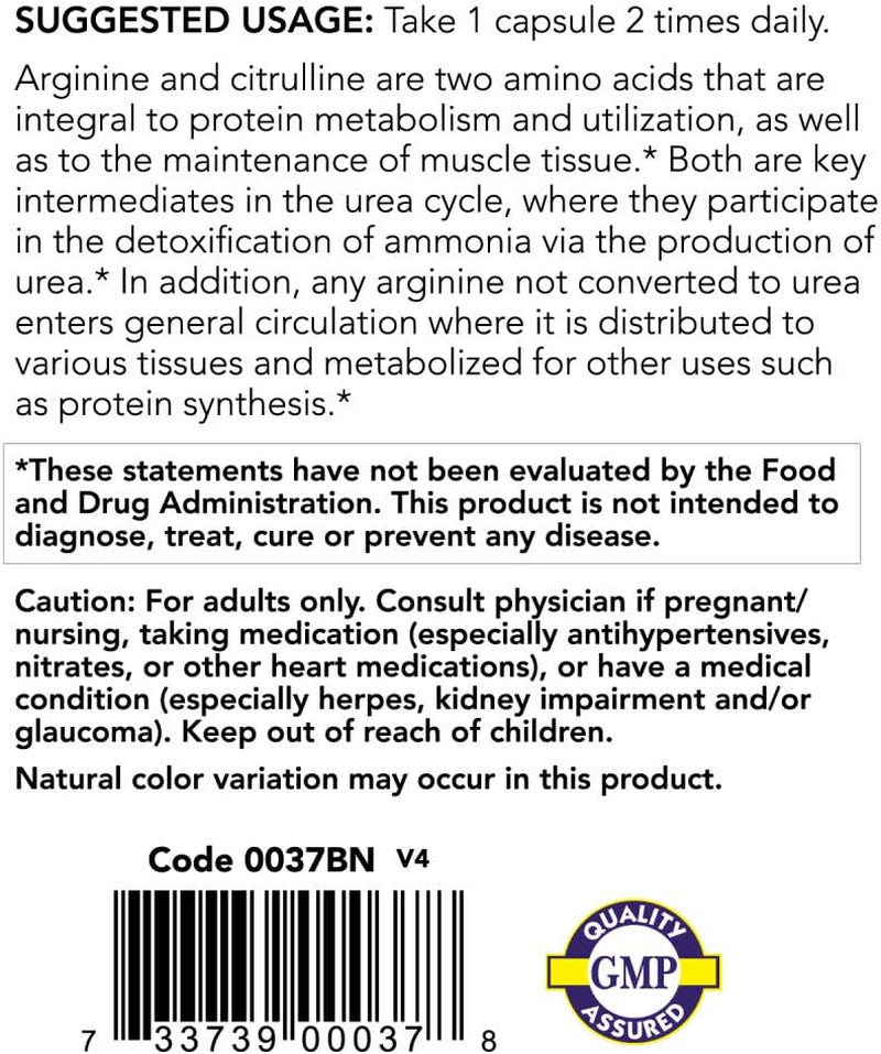 Arginine & Citrulline 500/250Mg - 120 Capsules (2 Pack)