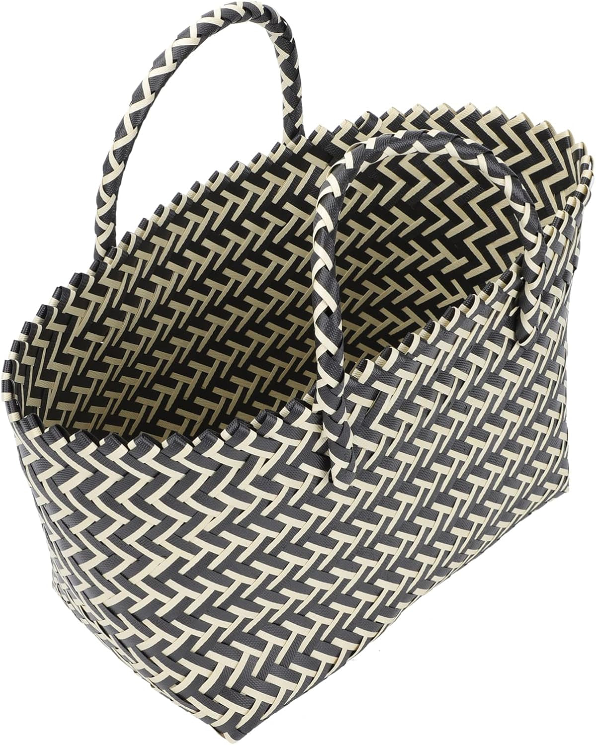 1Pc Urban Handwoven Striped Bag for Women Large Capacity Casual Tote Fashionable Plastic Shopping Bag Lightweight Woven Design for Daily Use