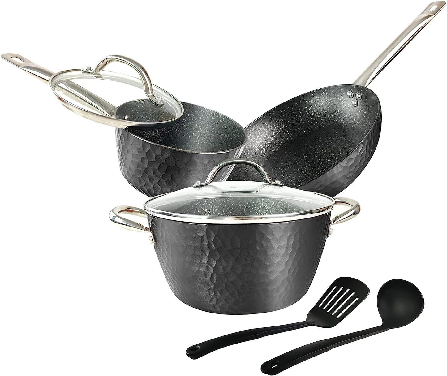 7 Piece Non Stick Cookware Set, Pots, Pans Nonstick Coating, Includes Fry Pans, Stock Pots, Sauce Pan, Etc, Pots and Pans Set Dishwasher Safe(Black)