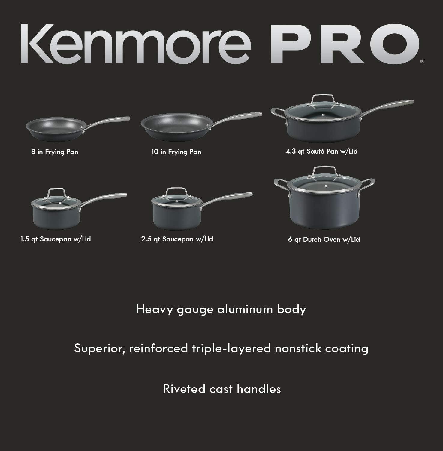 Kenmore Pro Arbor Heights 7-Layer Hard Anodized Induction Nonstick Platinum Forged Aluminum Cookware Set, 10-Piece, Black