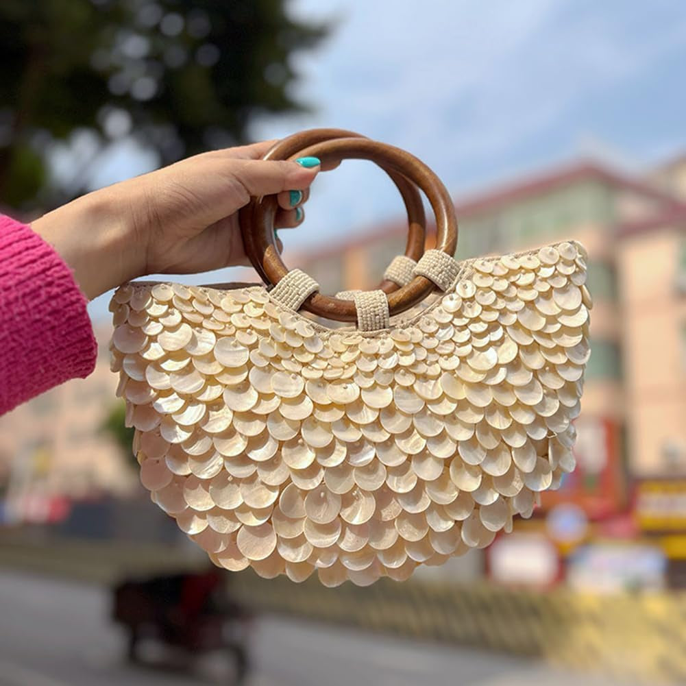 Summer Shell Purse Pearl Beaded Bag Sequin Clutch Purses for Women Handmade Evening Bag for Beach Wedding Party Vacation