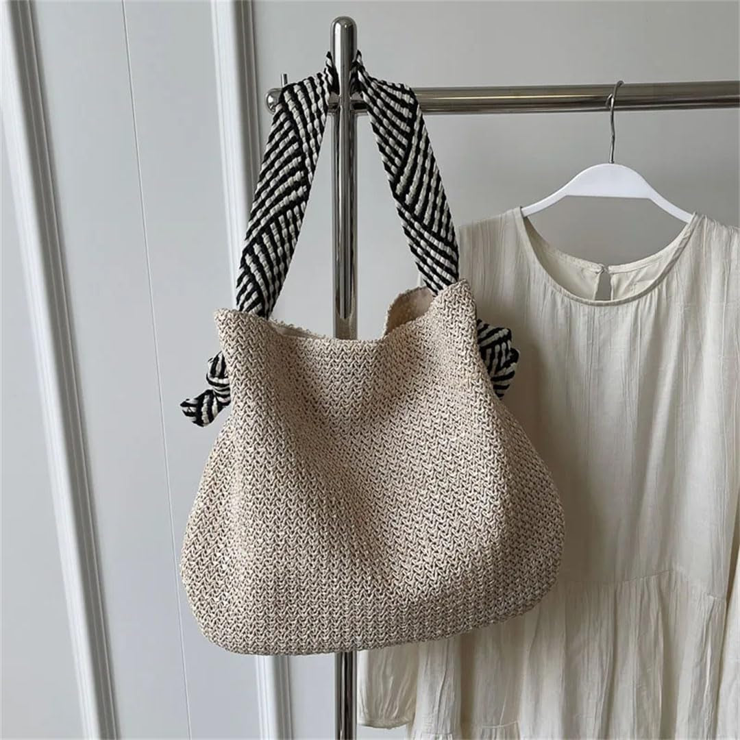 Women'S Casual Woven Straw Beach Tote Bag Lightweight Large Capacity Magnetic Closure Black White Striped Strap