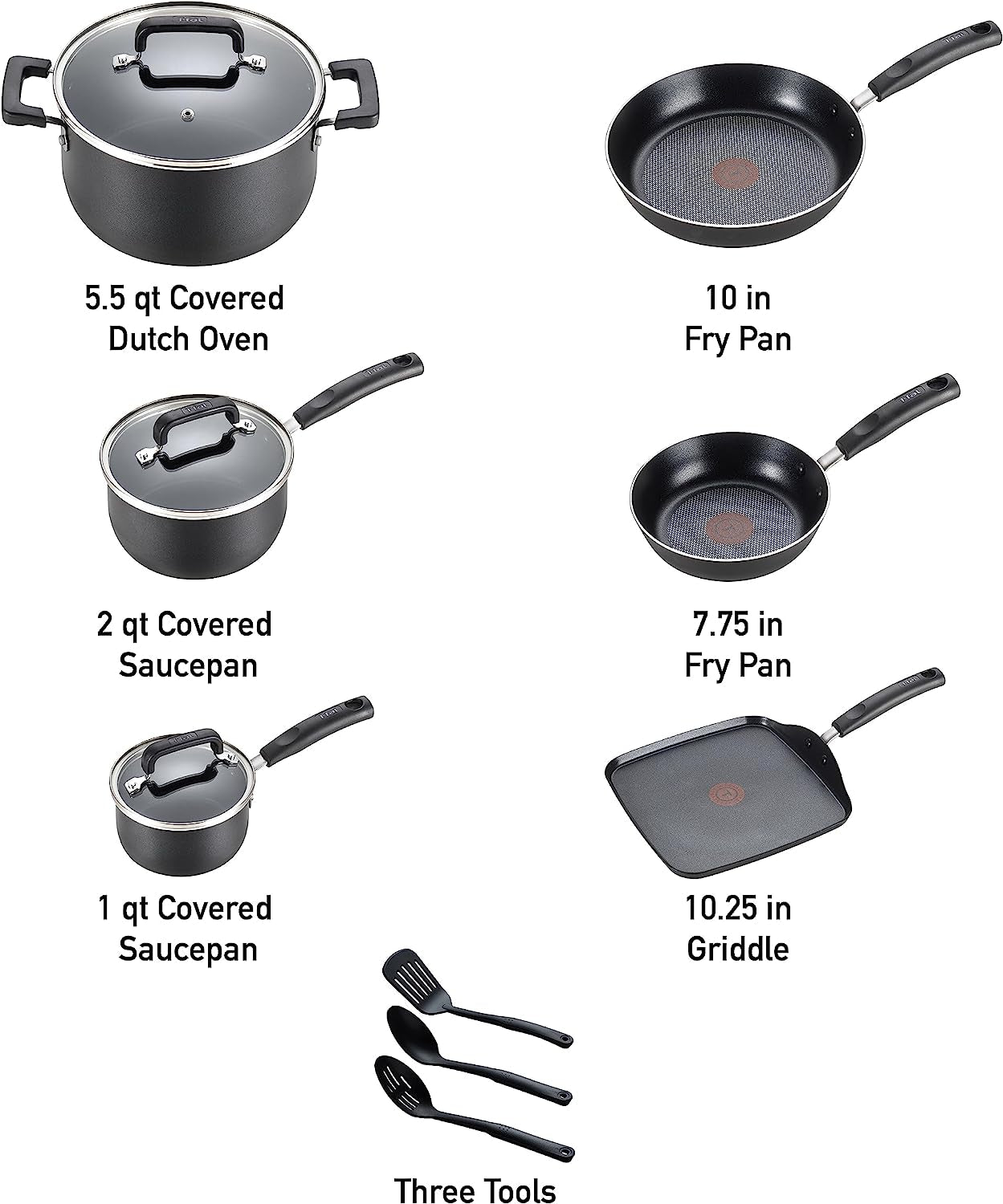 T-Fal Signature Nonstick Cookware Set 12 Piece, Oven Broiler Safe 350F, Pots and Pans, Kitchen Cooking Set W/ Fry Pans, Saucepans, Saute Pan, Dutch Oven, Griddle, Kitchen, Home, Dishwasher Safe, Black