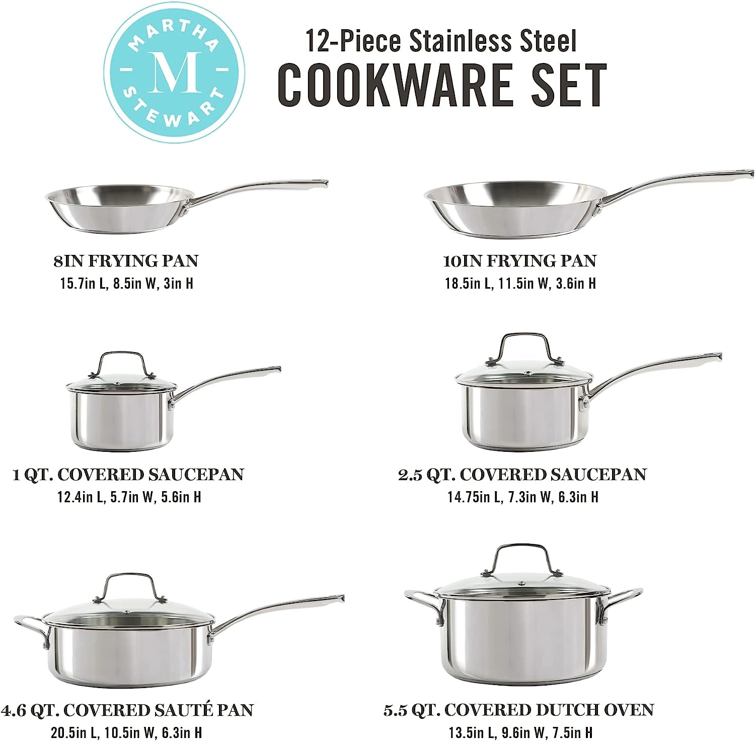 Martha Stewart Castelle 10 Piece 18/8 Stainless Steel Induction Safe Pots and Pans Non-Toxic Kitchen Cookware Set