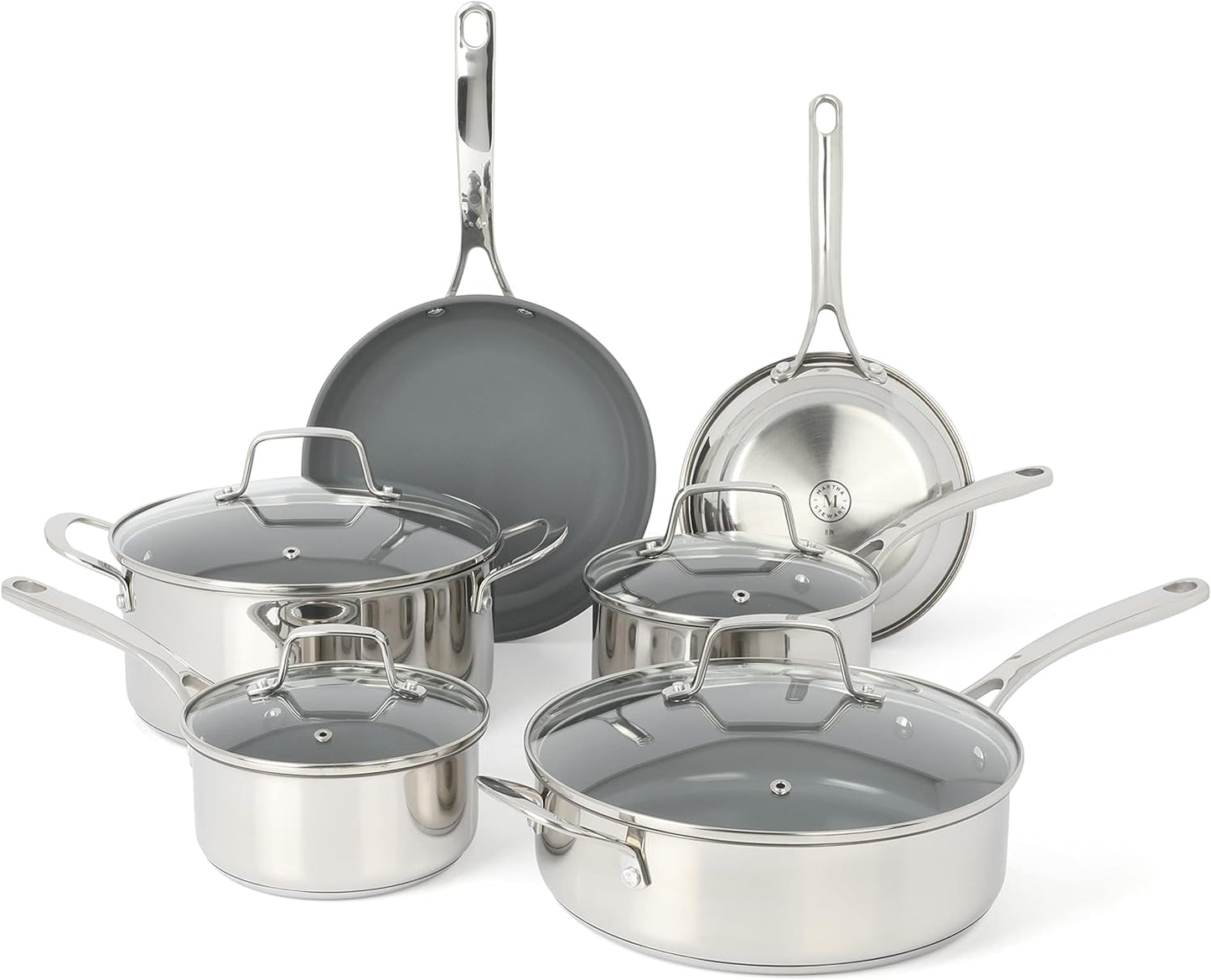 Martha Stewart Delaroux 10 Piece Stainless Steel Cookware Set W/Pfas Free Premium Nonstick Ceramic Interior