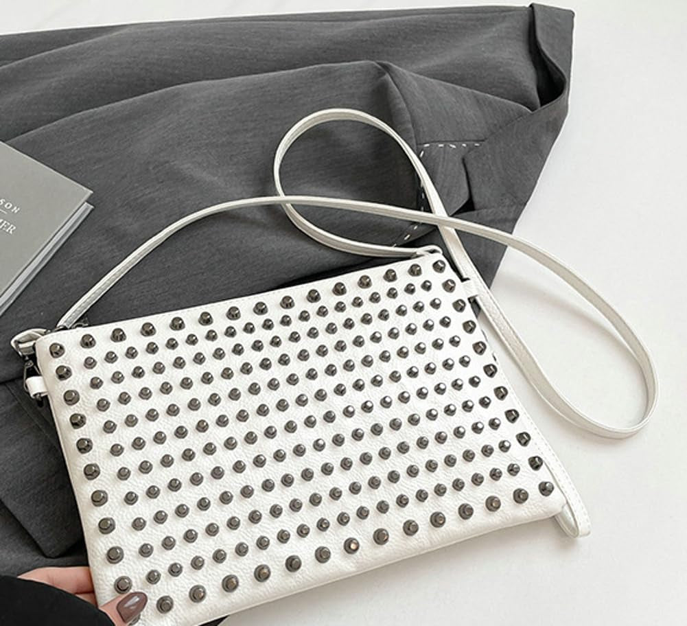 Y2K Crescent Crossbody Purse Women 90S PU Leather Trendy Studded Shoulder Satchels Hobo Bags Punk Underarm Tote Handbag