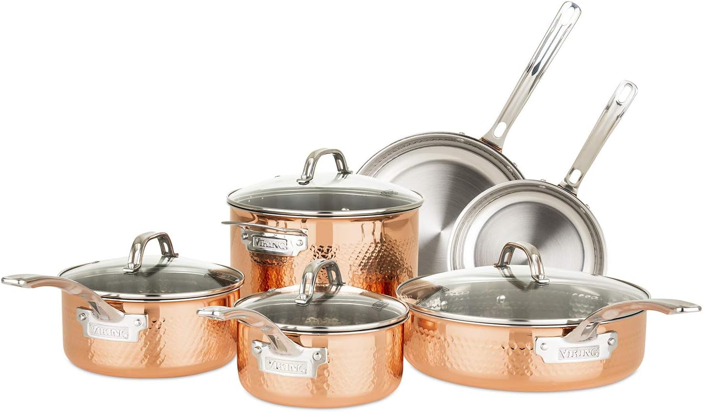 Viking 10-Piece 3-Ply Hammered Copper-Clad Cookware Set, Oven Safe, All Cooktops