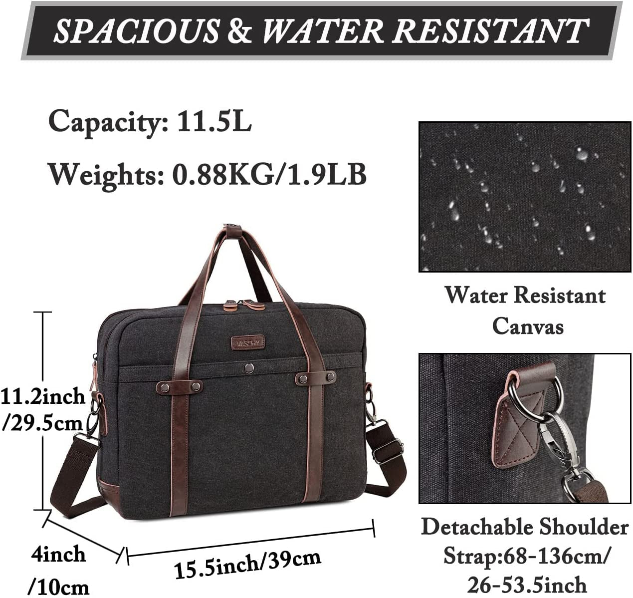VASCHY Laptop Bag for Men, Vintage Canvas Water Resistant 15.6 Inch Messenger Bag Business Briefcase Shoulder Bag