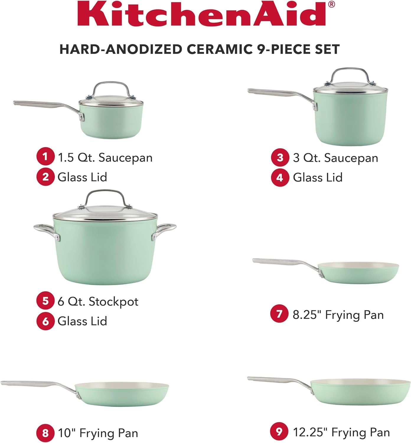 Kitchenaid Hard Anodized Ceramic Ceramic Nonstick Cookware Pots and Pans Set, 9 Piece - Pistachio