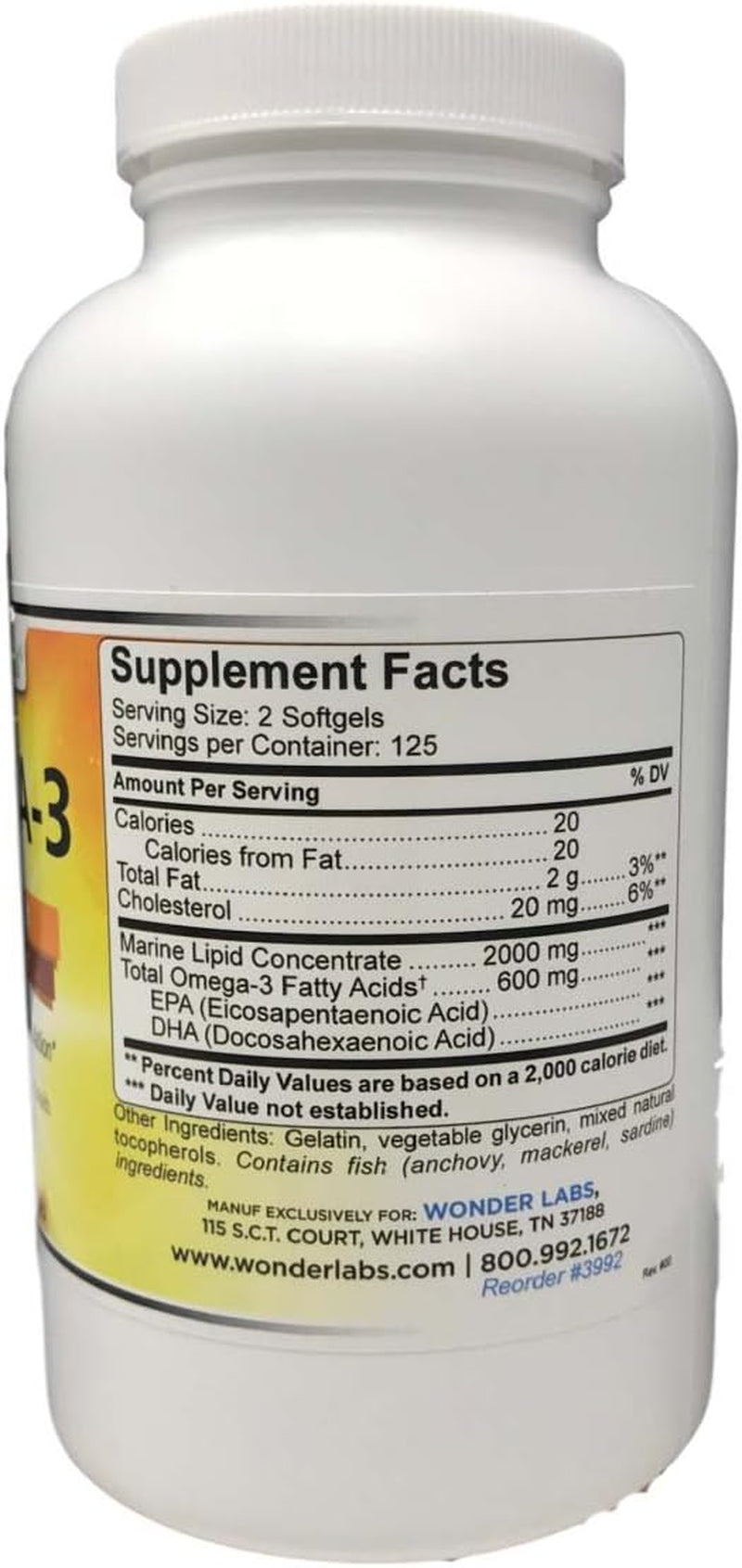 Wonder Labs Omega-3 Marine Lipid Concentrate a Natural Source of Omega-3 Fatty Acids, Supports Heart Health and Circulation - 250 Softgels