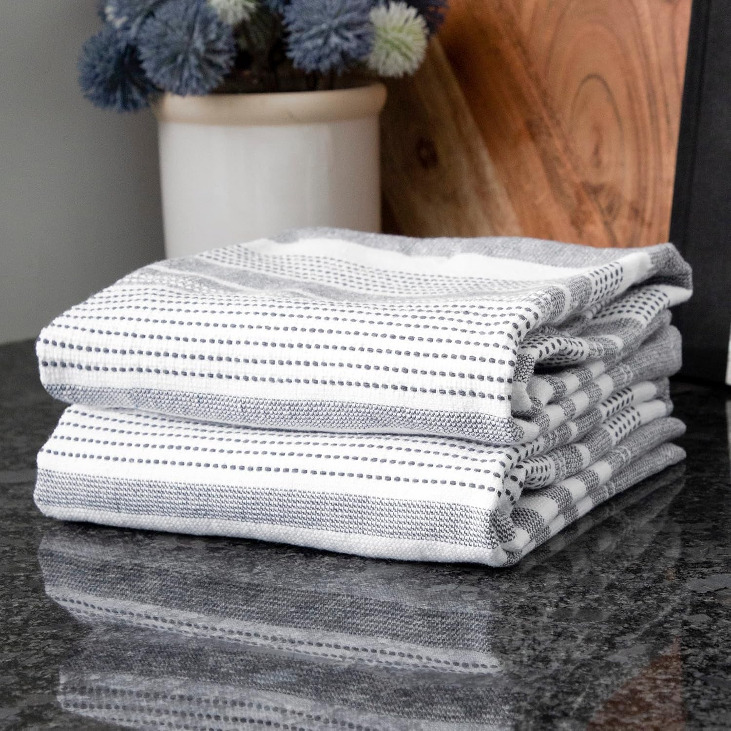 T-Fal Premium Dual-Sided Skipping Striped Kitchen Towels (2-Pack), 18" X 28", Highly Absorbent, Long-Lasting, Reversable 100% Flat-Weave Cotton Dish Towels, Hand Towels, Bar Towels, Toast