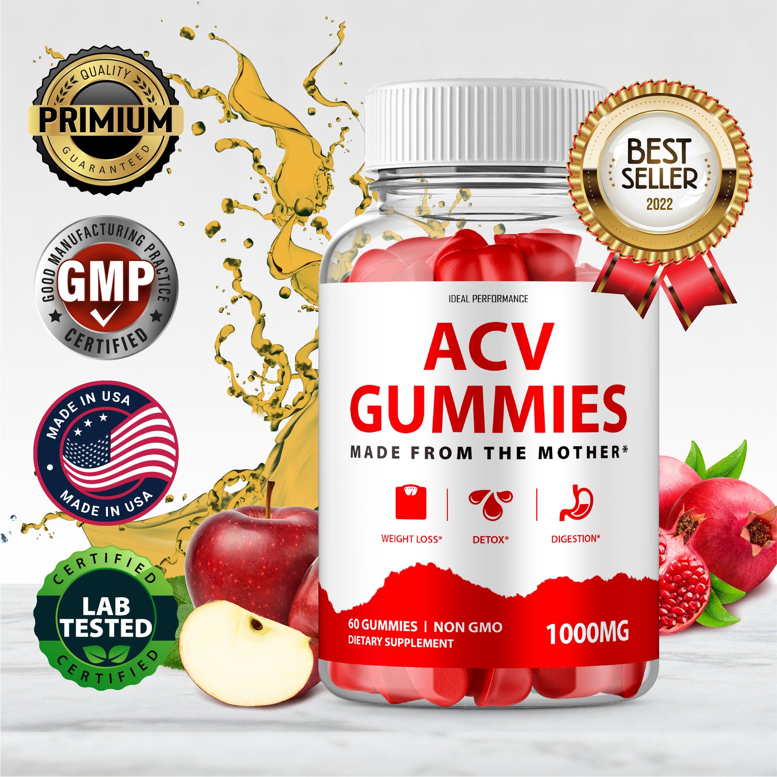 Weight Loss ACV Apple Cider Vinegar with Mother (180 Gummies, 3 Bottles)